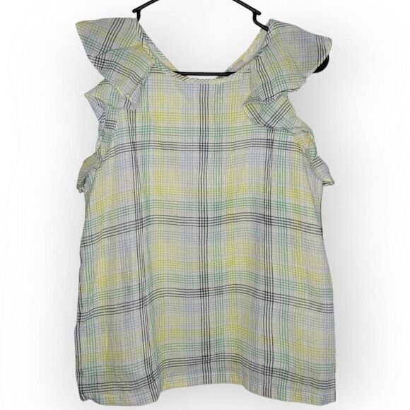 LOFT Women's Plaid Ruffle V-Back Shell Blouse size Small - Picture 3 of 9